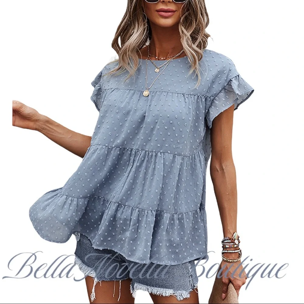 Blue Swiss Dot Tiered Blouse - Picture 1 of 8